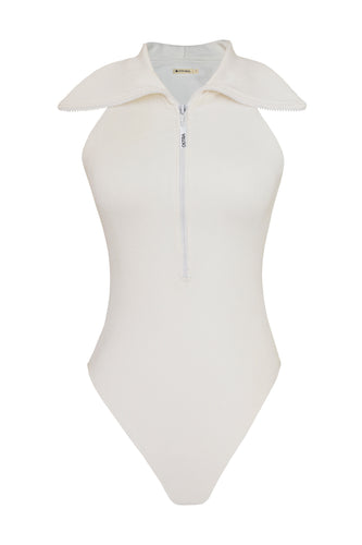 Maxi Neck Zipper Bodysuit - Ribbed Off-White