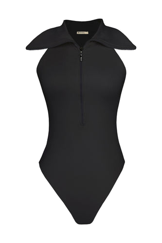 Maxi Neck Zipper Bodysuit - Ribbed Black