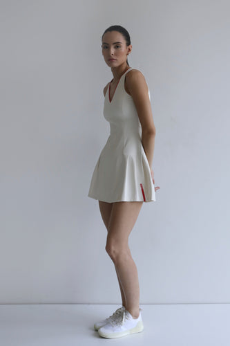 V-Neck Pleated Dress with Separate Shorts - Off-White Piquet