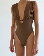 Load image into Gallery viewer, Draped Cut-Out Swimsuit - Brown Crepe