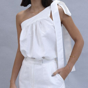 Bow One Sided Shoulder Blouse - Linen Off-White