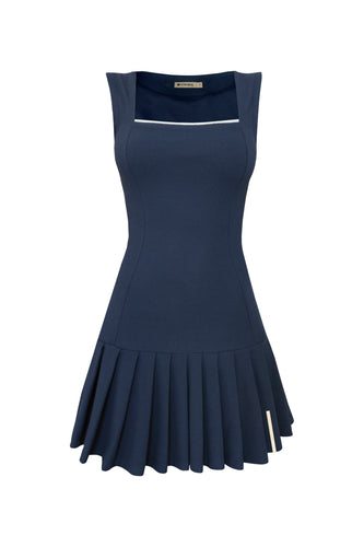 Pleated Dress with Separate Shorts - Navy Blue Piquet