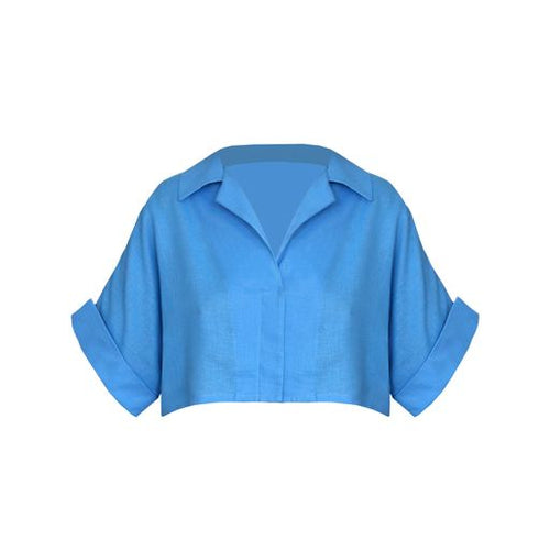 Short Drop Sleeve Shirt Top - Celest Blue Linen