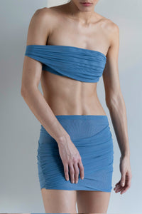 Ruched Strap Straight Bikini Top - Blue Tulle