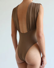 Load image into Gallery viewer, Draped Cut-Out Swimsuit - Brown Crepe
