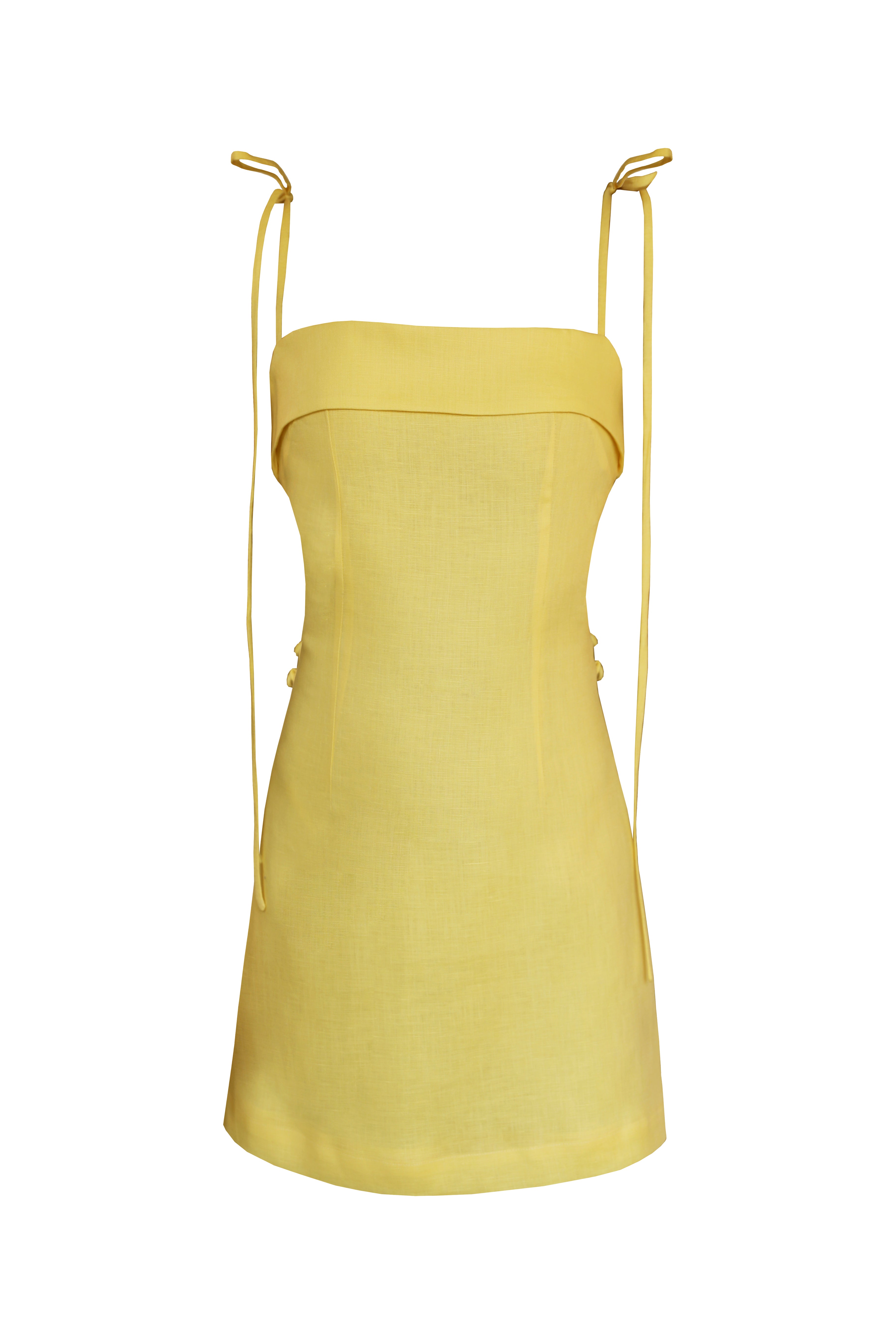 short yellow linen dress Short linen blend dress with balloon sleeves Woman, Yellow