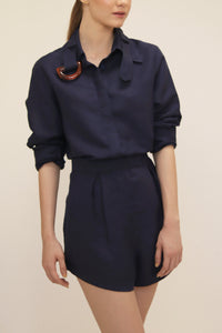 Tailored Slit Shirt Top - Navy Blue Linen