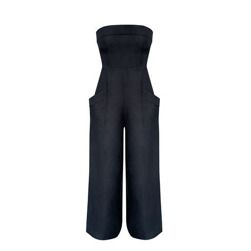 Strapless Jumpsuit Pockets - Linen Navy Blue