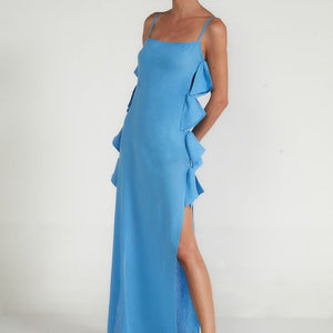 Long Beach Cover Up Lateral Bows - Celest Blue Linen