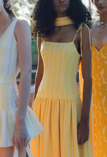 Ruched Midi Dress  - Yellow Stripes