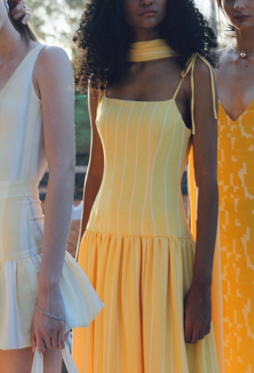 Ruched Midi Dress  - Yellow Stripes