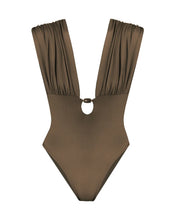 Load image into Gallery viewer, Draped Cut-Out Swimsuit - Brown Crepe