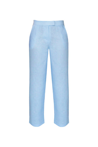 Straight Pants with Low Waist Tailoring Detail - Light Blue Linen