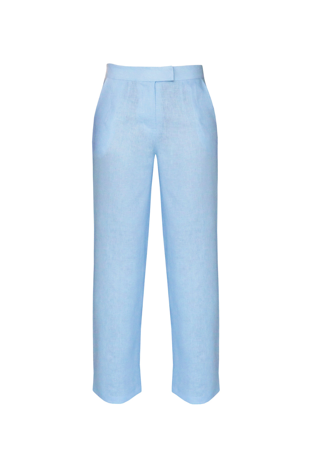 Straight Pants with Low Waist Tailoring Detail - Light Blue Linen