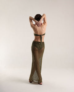 Long Straight Low Waist Crochet Skirt Bottom- Military Green