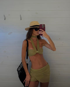 Shell Duo Tie-Up Straight Bikini Top - Olive Green