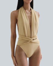 Load image into Gallery viewer, Halter Front with Band Detail Swimsuit - Walnut Crepe