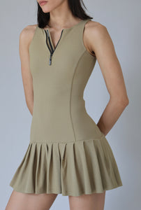 V-Neck Pleated Dress with Separate Shorts - Khaki Piquet