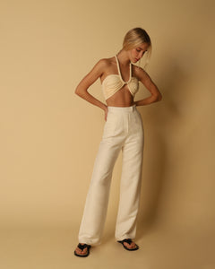 Straight High Waist Detail Tailoring Pants Bottom - Off-White Linen