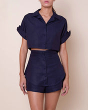 Load image into Gallery viewer, Drop Sleeve Tailoring Short Shirt Top - Navy Blue Linen