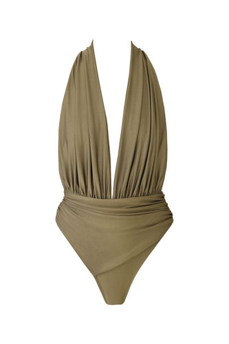 Ruched Neckline Swimsuit - Greenish Brown