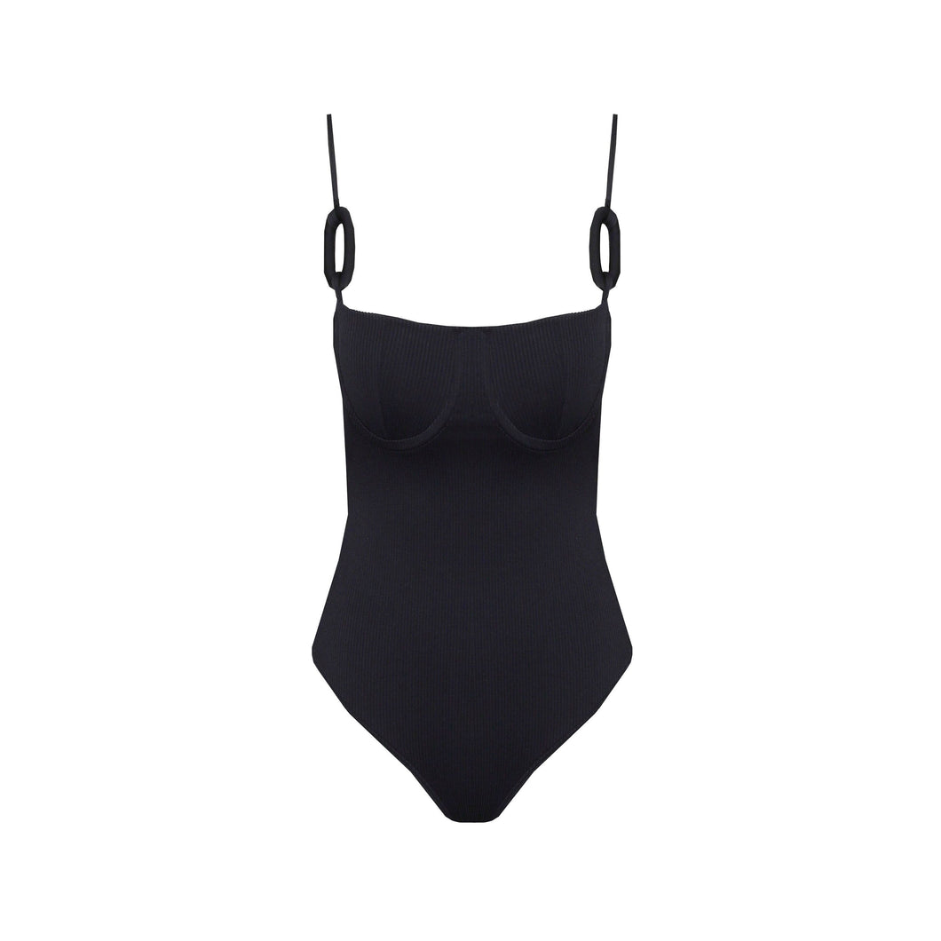 Ring Half Cup Swimsuit - Ribbed Black