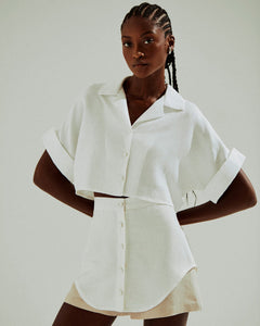 Short Double Buttons Tailoring Bottom - Off-White Linen