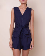 Load image into Gallery viewer, Short Bottom Pleats Detail Waistband Tailoring - Navy Blue Linen