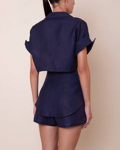 Short Double Buttons Tailoring Bottom - Navy Blue Linen