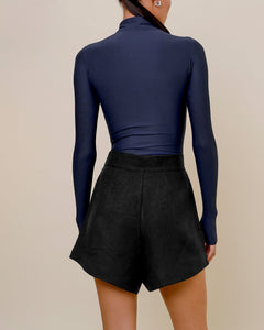 High Waist Ruched Tailoring Short Bottom - Black Linen