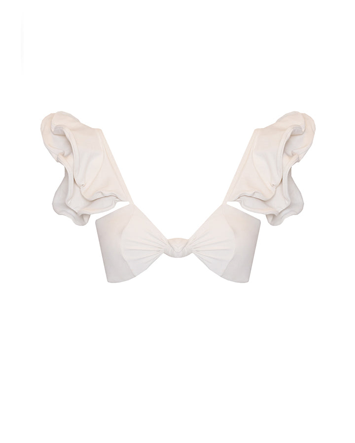 Ruffled Front Knot Bikini Top - Off-White